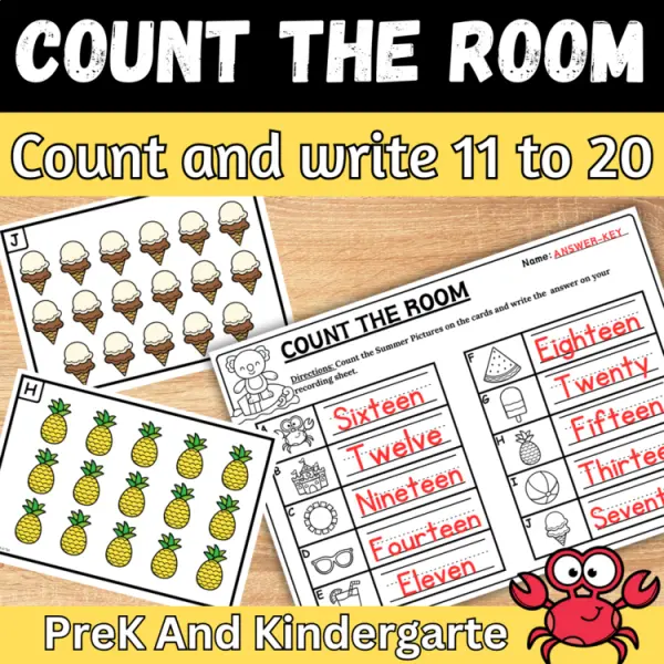 Cover of Summer beach day Count the room and write How many Teen Numbers for Kindergarten