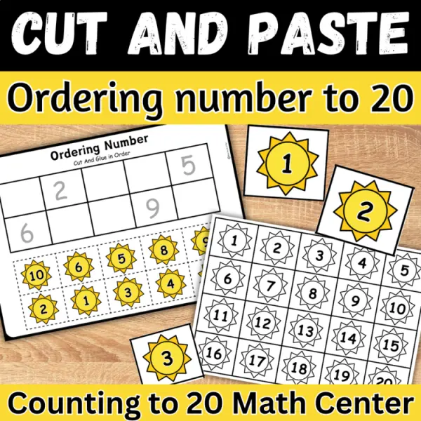 Cover of Summer Ordering Numbers to 20 Cut and paste Worksheets Math Counting Activity