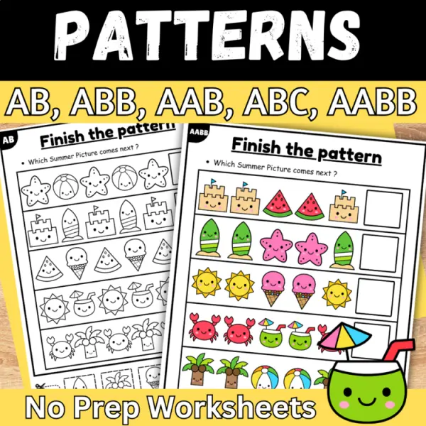 Cover of Summer Beach day Finish the AB pattern cut and paste worksheet for kindergarten