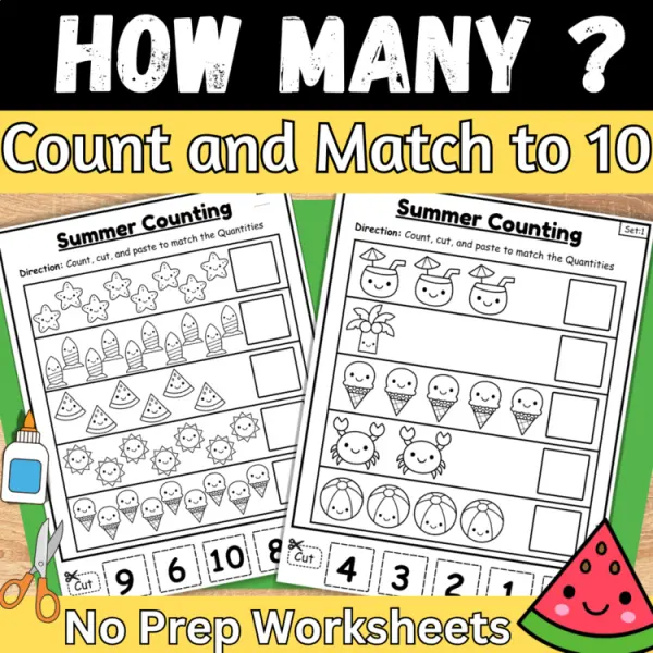 Cover of Summer matching numbers to quantities counting to 10 cut and paste worksheet