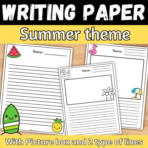 Cover of Summer beach day kindergarten writing paper with picture box and Primary lines