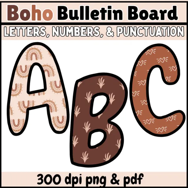 Cover of boho bulletin board letters for boho Neutral Classroom Decor 300dpi png included