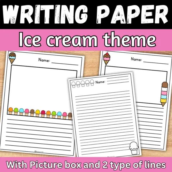 Cover of Summer Ice Cream kindergarten writing paper with picture box and Primary lines