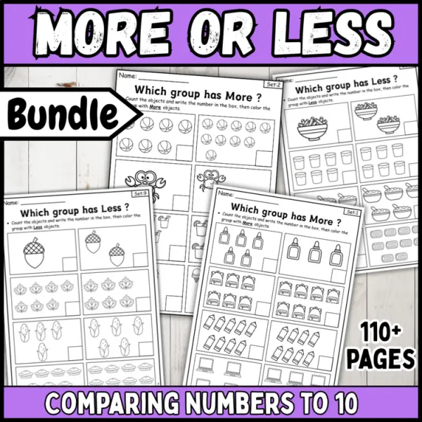 Cover of More or Less comparing Numbers to 10 Kindergarten Math Worksheets Bundle