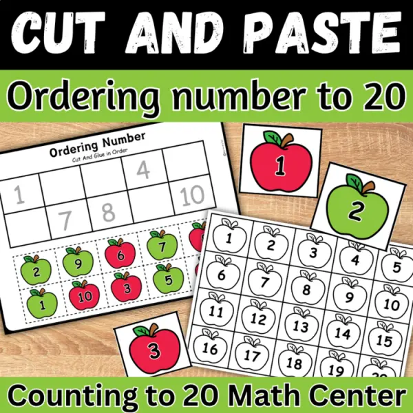 Cover of Apple Ordering Numbers to 20 Cut and paste Worksheets Math Counting Activity