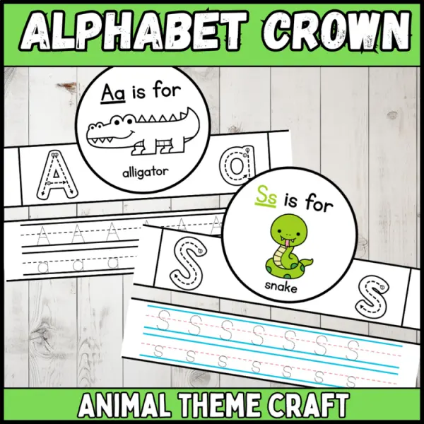 Cover of animal theme alphabet crown 26 letter of the week craft and tracing activity