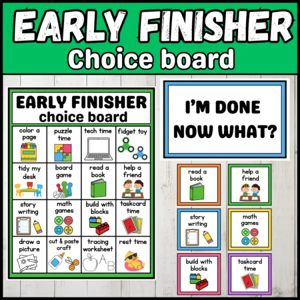 Cover of Early finisher choice board I’m done now what poster and cards for kindergarten
