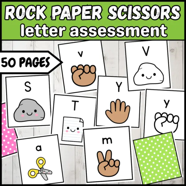 Cover of rock paper scissors letter recognition assessment upper and lowercase game