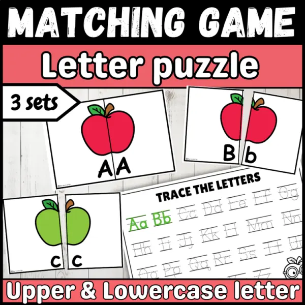 Cover of Apple letter matching uppercase and lowercase worksheet for Kindergarten