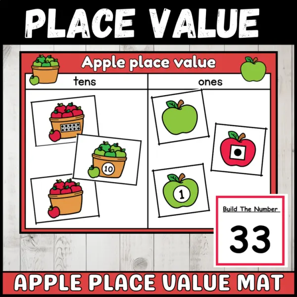 Cover of Apple 2 digit place value mat tens and ones task card game for first grade math