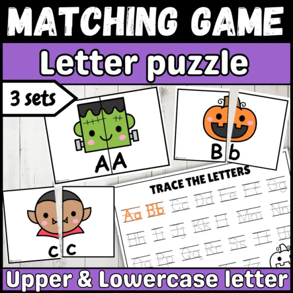 Cover of Halloween letter matching uppercase and lowercase worksheet sensory bin center