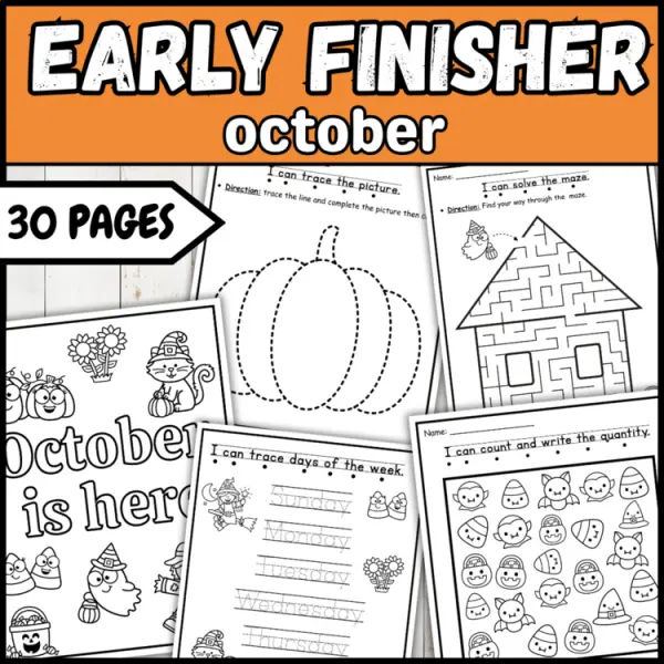 Cover of October early finisher packet morning worksheet Im done now what kindergarten