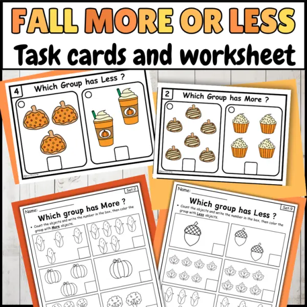 Cover of Fall More or Less comparing Numbers to 10 Kindergarten Math Worksheets Bundle