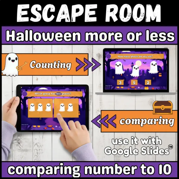 Cover of Halloween Escape Room More or Less Count and Compare Numbers to 10 Kindergarten