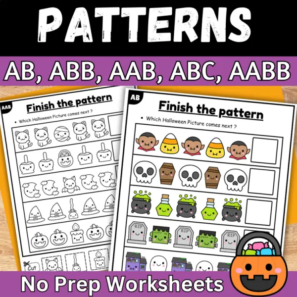 Cover of Halloween Finish the AB pattern cut and paste worksheet for kindergarten Math