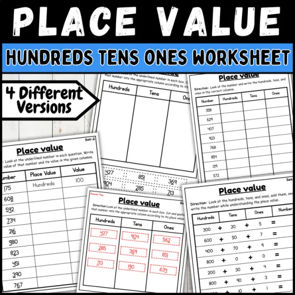 Cover of Place Value Cut and Paste: Hundred Tens Ones Worksheet 2nd Grade Math Practice