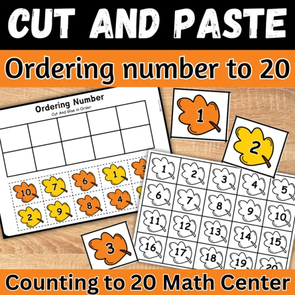 Cover of Fall leaf Ordering Numbers to 20 Cut and paste Worksheets Math Counting Activity