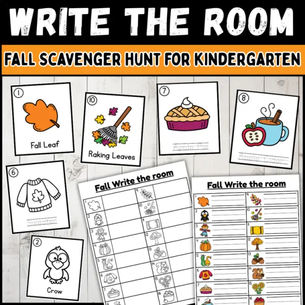 Cover of Fall Scavenger Hunt Write the Room for Kindergarten with Fall Vocabulary Cards