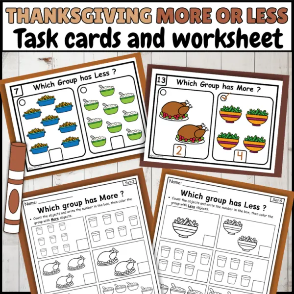 Cover of Thanksgiving More or Less comparing Numbers to 10 Kindergarten Math Worksheets