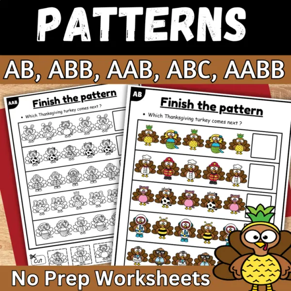 Cover of Thanksgiving Finish the AB pattern cut and paste worksheet for kindergarten Math