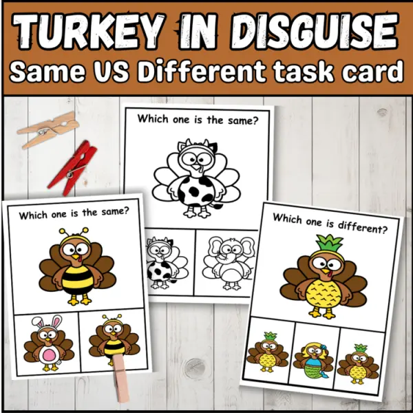 Cover of Thanksgiving Turkey in Disguise Same vs Different Special Education Task Cards