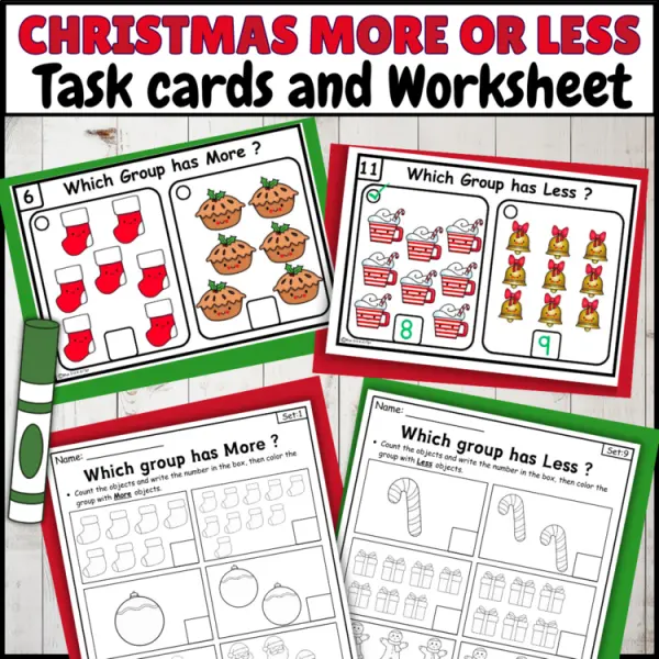 Cover of Christmas More or Less comparing Numbers to 10 Kindergarten Math Worksheets