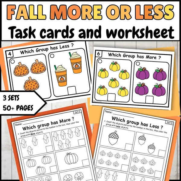 Cover of Fall pumpkin More or Less Worksheets and task card Kindergarten Math Bundle