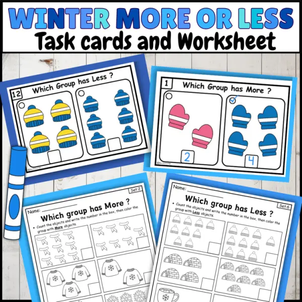 Cover of Winter January More or Less comparing Numbers to 10 Kindergarten Math Worksheets
