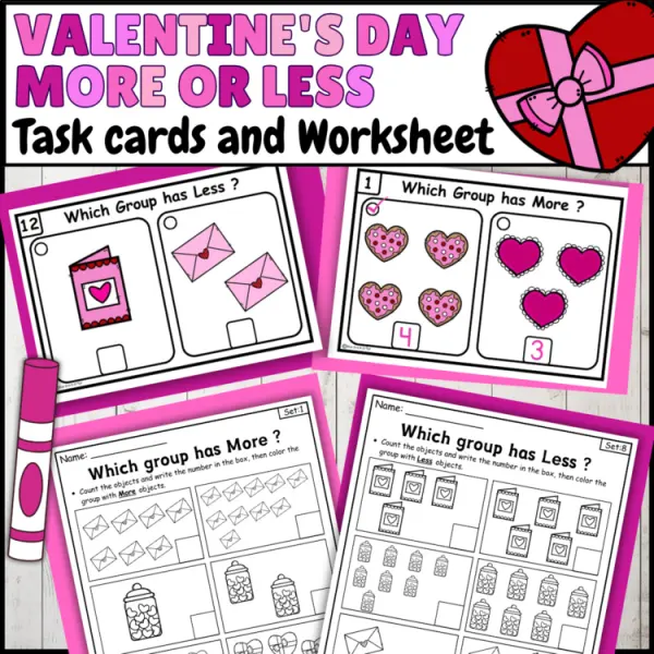 Cover of Valentine’s day More or Less comparing Numbers to 10 Kindergarten Math Worksheet