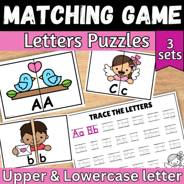 Cover of Valentine’s day letter matching uppercase and lowercase worksheet sensory bin