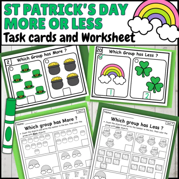 Cover of St Patricks Day More or Less comparing Numbers to 10 Kindergarten Math Worksheet
