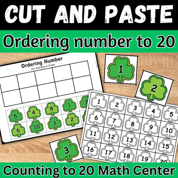 Cover of St Patricks Day Ordering Numbers to 20 Cut and Paste Counting Worksheets