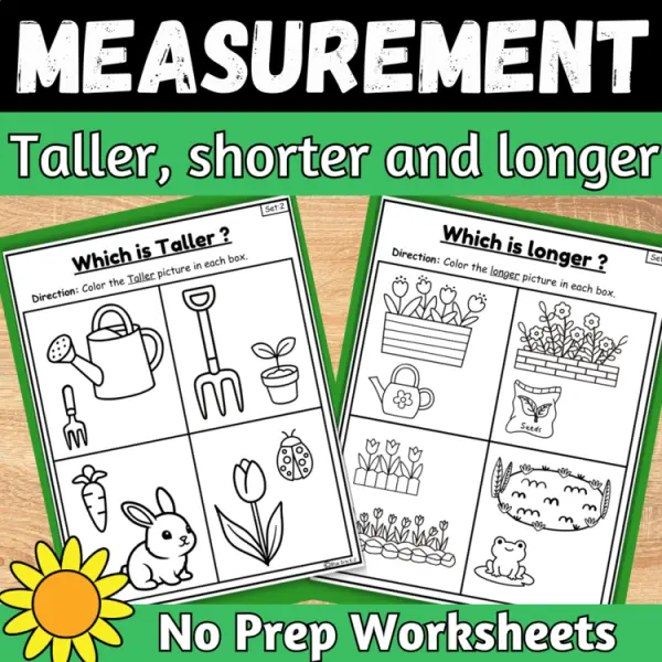 Cover of Spring measurement length Taller, longer and Shorter Kindergarten Math Worksheet