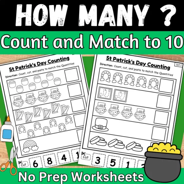 Cover of St Patrick’s Day matching numbers to quantities to 10 cut and paste worksheet