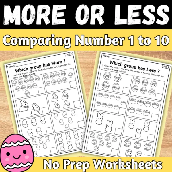 Cover of Easter More or Less comparing Numbers to 10 Kindergarten Math Worksheet