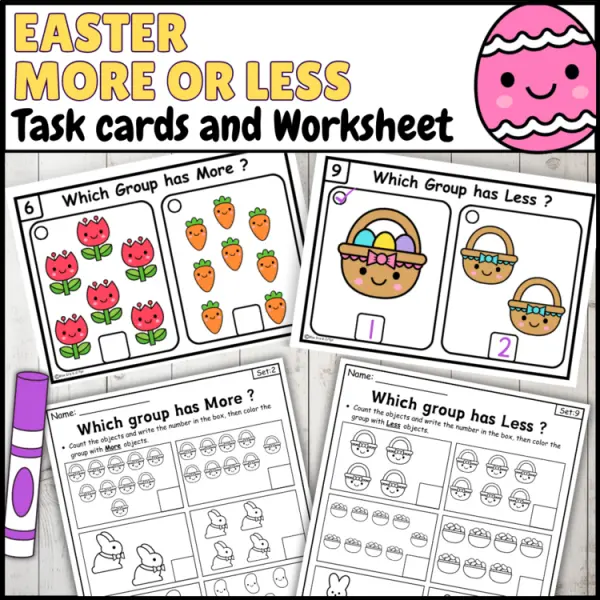 Cover of Easter More or Less comparing Numbers to 10 Kindergarten Math Worksheet
