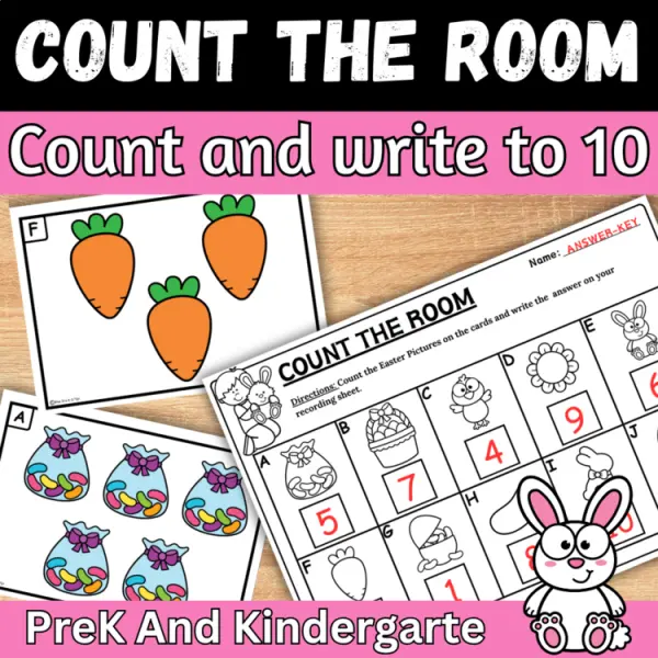 Cover of Easter count the room and write how many numbers to 10 for spring Kindergarten