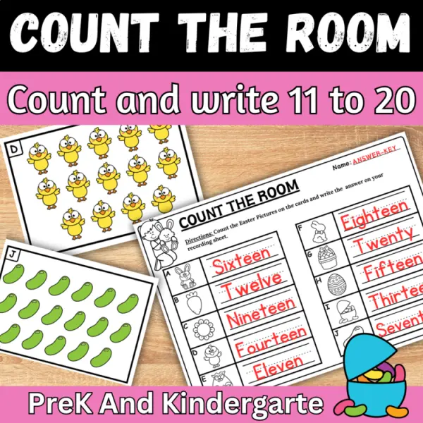 Cover of Easter count the room and write how many teen numbers for spring Kindergarten