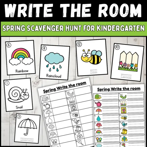 Cover of Spring Scavenger Hunt Write the Room Printable Vocabulary Cards for kindergarten