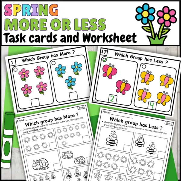 Cover of Spring More or Less comparing Numbers to 10 Worksheets for Kindergarten Math