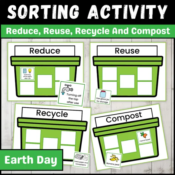 Cover of Earth day reduce reuse recycle compost sorting mats activity for kindergarten