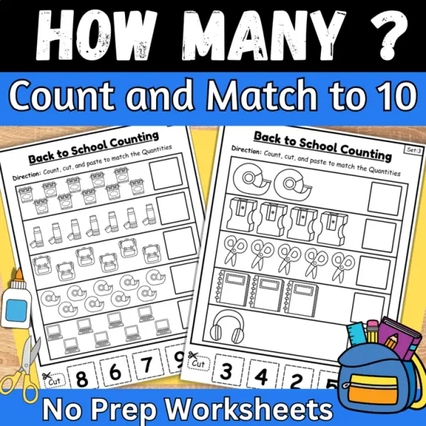 Cover of school matching numbers to quantities counting to 10 cut and paste worksheet