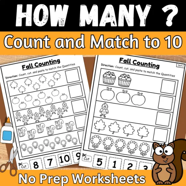 Cover of Fall matching numbers to quantities counting to 10 cut and paste math worksheet